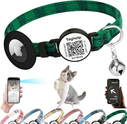 Grid cloth breakaway Cat Collar with QR code smart ID tag with AirTag Holder and Bell, Light, Adjustable,AirTag, Integrated Air Tag Cat Collar for Apple.Tracker for Girl Boy Cats Kittens (Pink) in Kuwait
