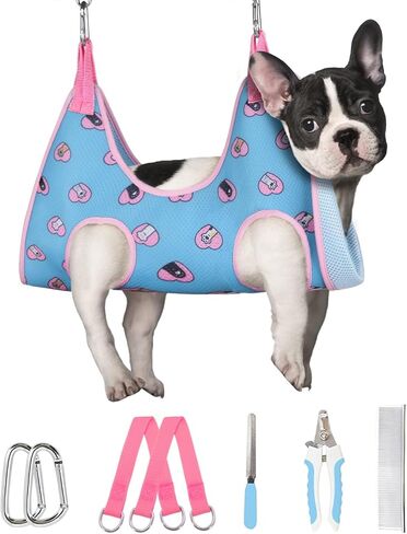 سرج أرجوحة للعناية بالكلاب من Supet للقطط والكلاب، للاسترخاء وتقييد الحيوانات الأليفة ومقاود الحيوانات الصغيرة ومساعد تقليم الأظافر وقص الأظافر باللون الأزرق-Love in Kuwait