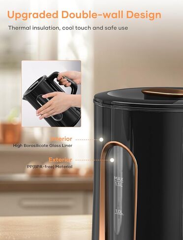 غلاية كهربائية من أوفيسي، وعاء غلاية شاي، جدار داخلي زجاجي مزدوج 1.5 لتر/1200 وات، غلاية إبريق ماء ساخن وغلاية وسخان مع إيقاف تلقائي، خالية من مادة BPA وأضواء مؤشر LED، أسود in Kuwait