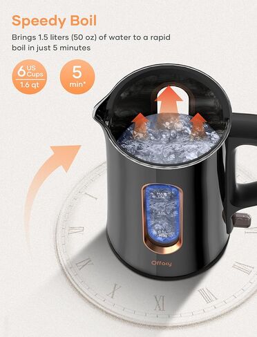 غلاية كهربائية من أوفيسي، وعاء غلاية شاي، جدار داخلي زجاجي مزدوج 1.5 لتر/1200 وات، غلاية إبريق ماء ساخن وغلاية وسخان مع إيقاف تلقائي، خالية من مادة BPA وأضواء مؤشر LED، أسود in Kuwait