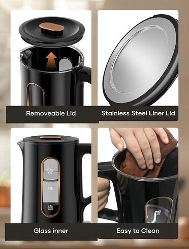 غلاية كهربائية من أوفيسي، وعاء غلاية شاي، جدار داخلي زجاجي مزدوج 1.5 لتر/1200 وات، غلاية إبريق ماء ساخن وغلاية وسخان مع إيقاف تلقائي، خالية من مادة BPA وأضواء مؤشر LED، أسود in Kuwait