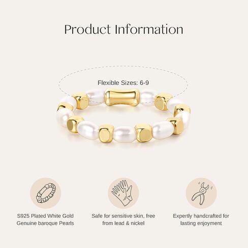 Baroque Pearl Dainty Beaded Rings for Women Stackable Stretch Jewelry Flexible Elastic Gold Cube Ring Sizes 6-9 in Saudi Arabia