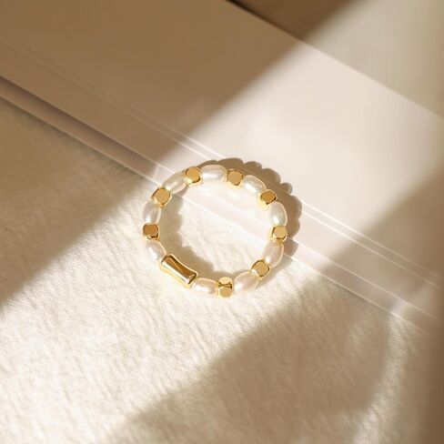 Baroque Pearl Dainty Beaded Rings for Women Stackable Stretch Jewelry Flexible Elastic Gold Cube Ring Sizes 6-9 in Saudi Arabia