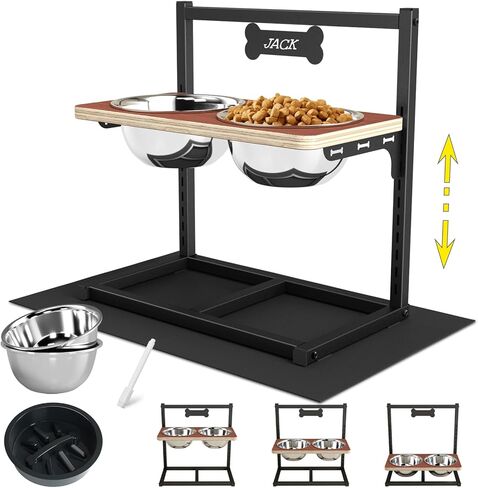ADENGL 9 Height Adjustable Dog Bowl Stand with Two 1.7L Stainless Steel, Slow Feeder Bowls and Nonslip Pad, Perfect for Medium and Large Dogs in Kuwait