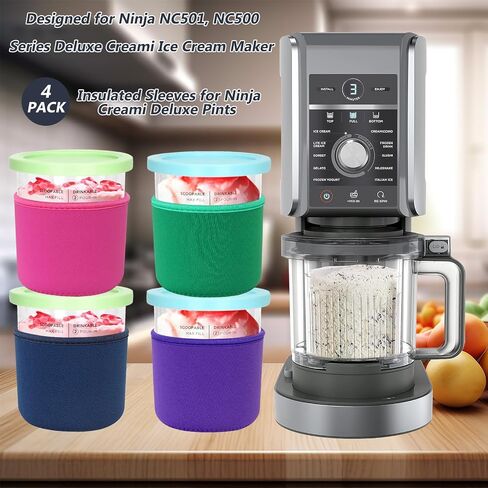 Reusable Ice Cream Sleeve, 4 Pcs Neoprene Insulated Sleeves for Ninja Creami Pints, Compatible with NC301 NC300 NC299AMZ Series Ice Cream Maker Containers, Only Sleeve(Colorful,16oz) in Saudi Arabia