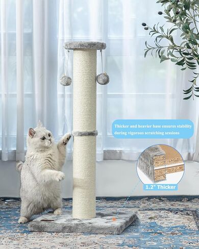 Kilodor 34Inch Tall Cat Scratching Post,4.3Inch Diameter Large Sisal Cat Scratch Post with Ball, Sturdy and Durable Cat Scratcher for Indoor Cats Adults Grey in Saudi Arabia