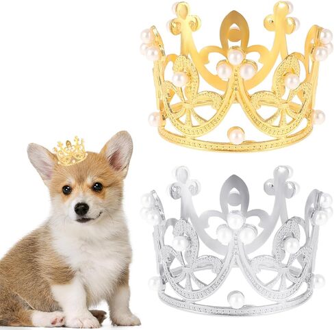 2PCS Pet Crown, Gold and Silver Small Dog Crown with Rhinestones and Faux Pearls Puppies Cat Hat Dog Birthday Hat for Pet Birthday Parties, Adoption Celebrations, Family Photos, Daily Wear in Saudi Arabia