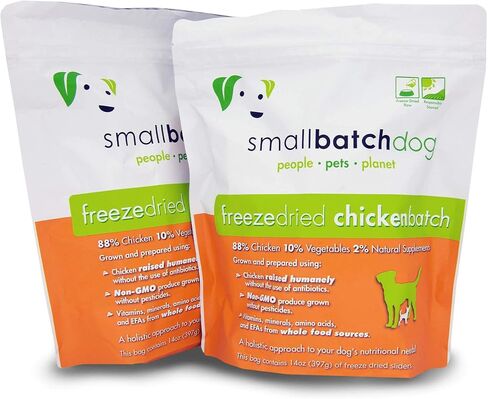 Smallbatch Pets نظام غذائي خام ممتاز مجفف بالتجميد للكلاب، عبوتان، وصفة دجاج، 14 أونصة في كل كيس (إجمالي 28 أونصة)، صنع في الولايات المتحدة الأمريكية، منتجات عضوية، لحم مرفوع بطريقة إنسانية، يرطب ويقدم الفطائر in Kuwait