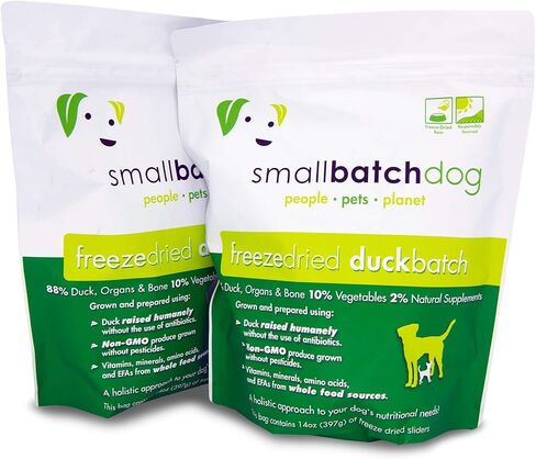 Smallbatch Pets نظام غذائي خام ممتاز مجفف بالتجميد للكلاب، عبوتان، وصفة البط، 14 أونصة في كل كيس (إجمالي 28 أونصة)، صنع في الولايات المتحدة الأمريكية، منتجات عضوية، لحم مرفوع بطريقة إنسانية، يرطب ويقدم الفطائر in Kuwait