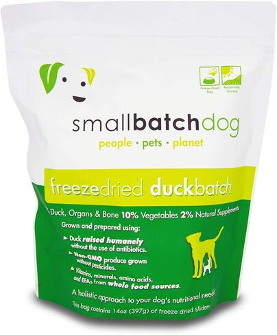 Smallbatch Pets نظام غذائي خام ممتاز مجفف بالتجميد للكلاب، عبوتان، وصفة البط، 14 أونصة في كل كيس (إجمالي 28 أونصة)، صنع في الولايات المتحدة الأمريكية، منتجات عضوية، لحم مرفوع بطريقة إنسانية، يرطب ويقدم الفطائر in Kuwait