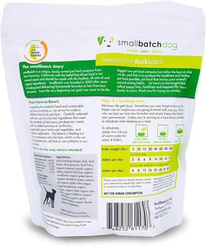 Smallbatch Pets نظام غذائي خام ممتاز مجفف بالتجميد للكلاب، عبوتان، وصفة البط، 14 أونصة في كل كيس (إجمالي 28 أونصة)، صنع في الولايات المتحدة الأمريكية، منتجات عضوية، لحم مرفوع بطريقة إنسانية، يرطب ويقدم الفطائر in Kuwait