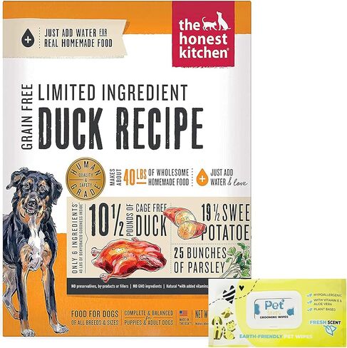 طعام الكلاب ذو المكونات المحدودة والخالي من الحبوب المجففة من The Honest Kitchen، وزن البط 10 رطل مع 100 قيراط مناديل مبللة للحيوانات الأليفة in Kuwait