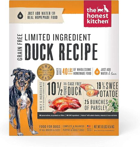 طعام الكلاب ذو المكونات المحدودة والخالي من الحبوب المجففة من The Honest Kitchen، وزن البط 10 رطل مع 100 قيراط مناديل مبللة للحيوانات الأليفة in Kuwait