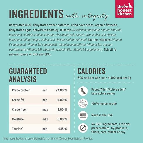 طعام الكلاب ذو المكونات المحدودة والخالي من الحبوب المجففة من The Honest Kitchen، وزن البط 10 رطل مع 100 قيراط مناديل مبللة للحيوانات الأليفة in Kuwait