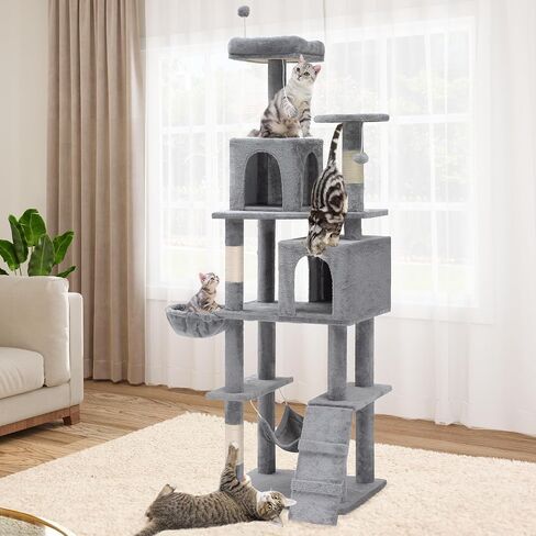 YITAHOME 44-Inch Multi-Level Cat Tree, Indoor Cat Tower with Hammock, Cave, Perches, Scratching Posts, and Pom-poms for Kittens (Light Gray) in Saudi Arabia