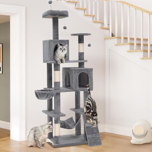YITAHOME 44-Inch Multi-Level Cat Tree, Indoor Cat Tower with Hammock, Cave, Perches, Scratching Posts, and Pom-poms for Kittens (Light Gray) in Saudi Arabia