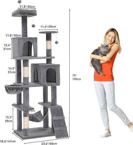 YITAHOME 44-Inch Multi-Level Cat Tree, Indoor Cat Tower with Hammock, Cave, Perches, Scratching Posts, and Pom-poms for Kittens (Light Gray) in Saudi Arabia