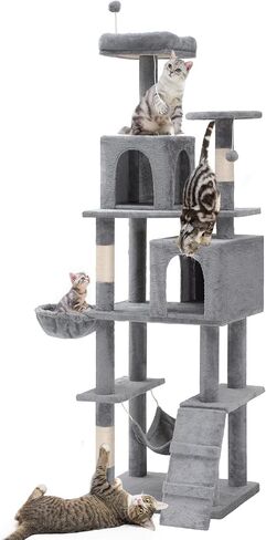 YITAHOME 44-Inch Multi-Level Cat Tree, Indoor Cat Tower with Hammock, Cave, Perches, Scratching Posts, and Pom-poms for Kittens (Light Gray) in Saudi Arabia