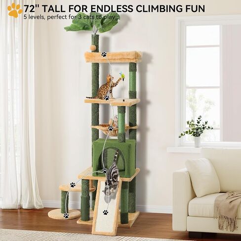 YITAHOME برج شجرة الصبار طويل القامة مع فرشاة العناية الذاتية، برج تسلق لطيف للقطط مقاس 60 بوصة للقطط الداخلية مع شقة للقطط، جثم علوي، سلة، أعمدة خدش السيزال ولوحة، كرات لعبة in Kuwait