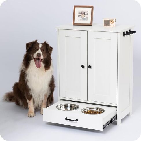 Dog Feeding Station with Storage Cabinet and 2 Elevated Dog Bowls, Hidden Pet Feeder Station Wood, Dog & Cat Storage Organizer, White in Saudi Arabia