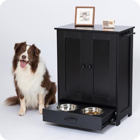 Dog Feeding Station with Storage Cabinet and 2 Elevated Dog Bowls, Hidden Pet Feeder Station Wood, Dog & Cat Storage Organizer, White in Saudi Arabia