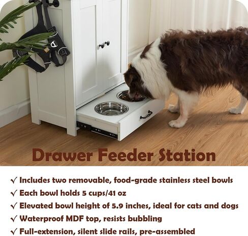Dog Feeding Station with Storage Cabinet and 2 Elevated Dog Bowls, Hidden Pet Feeder Station Wood, Dog & Cat Storage Organizer, White in Saudi Arabia