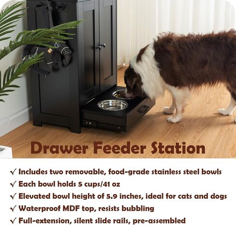 Dog Feeding Station with Storage Cabinet and 2 Elevated Dog Bowls, Hidden Pet Feeder Station Wood, Dog & Cat Storage Organizer, White in Saudi Arabia