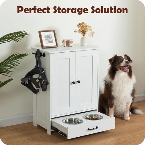 Dog Feeding Station with Storage Cabinet and 2 Elevated Dog Bowls, Hidden Pet Feeder Station Wood, Dog & Cat Storage Organizer, White in Saudi Arabia