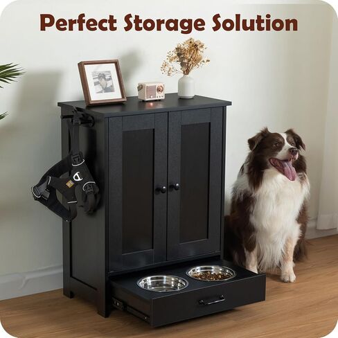 Dog Feeding Station with Storage Cabinet and 2 Elevated Dog Bowls, Hidden Pet Feeder Station Wood, Dog & Cat Storage Organizer, White in Saudi Arabia