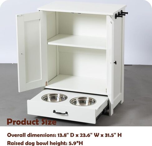 Dog Feeding Station with Storage Cabinet and 2 Elevated Dog Bowls, Hidden Pet Feeder Station Wood, Dog & Cat Storage Organizer, White in Saudi Arabia