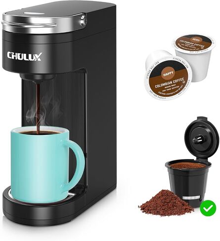 CHULUX Slim 2 in 1 Single Serve Coffee Maker for K Cup & Ground Coffee, Mini Travel One Cup Coffee Machine for Home, Desk, Kitchen and Bedroom, Included Coffee Filter, Fits Travel Mug in Saudi Arabia