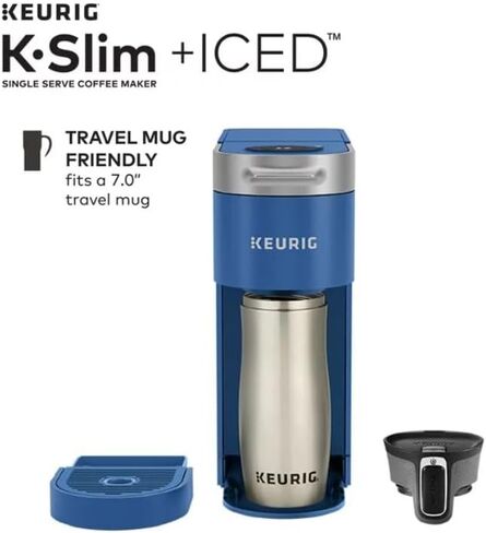 Keurig K-Slim + ماكينة صنع القهوة المثلجة ذات الخدمة الواحدة، تحضير 8 إلى 12 أونصة. أكواب، أزرق in Kuwait