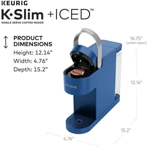 Keurig K-Slim + ماكينة صنع القهوة المثلجة ذات الخدمة الواحدة، تحضير 8 إلى 12 أونصة. أكواب، أزرق in Kuwait