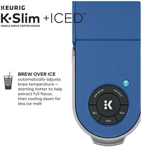 Keurig K-Slim + ماكينة صنع القهوة المثلجة ذات الخدمة الواحدة، تحضير 8 إلى 12 أونصة. أكواب، أزرق in Kuwait