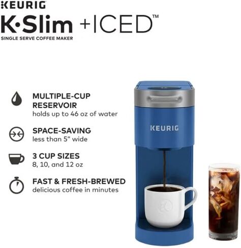 Keurig K-Slim + ماكينة صنع القهوة المثلجة ذات الخدمة الواحدة، تحضير 8 إلى 12 أونصة. أكواب، أزرق in Kuwait