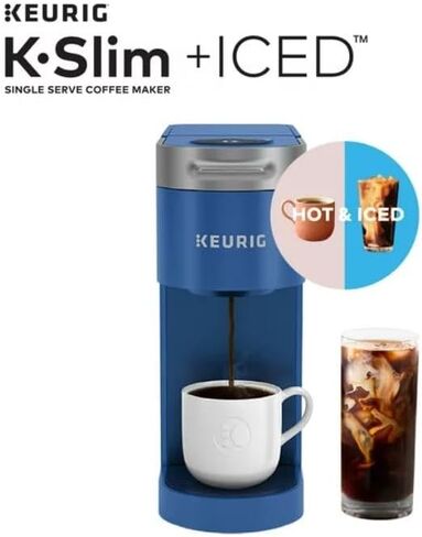 Keurig K-Slim + ماكينة صنع القهوة المثلجة ذات الخدمة الواحدة، تحضير 8 إلى 12 أونصة. أكواب، أزرق in Kuwait