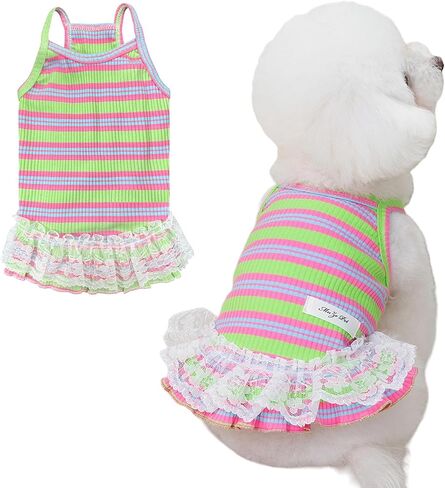 Winmany Dog ملابس الصيف جرو بلا أكمام مخطط سترة تي شيرت الحيوانات الأليفة توتو تنورة فساتين القط مناسبة للكلاب الصغيرة المتوسطة القط (الأخضر، كبير) in Kuwait