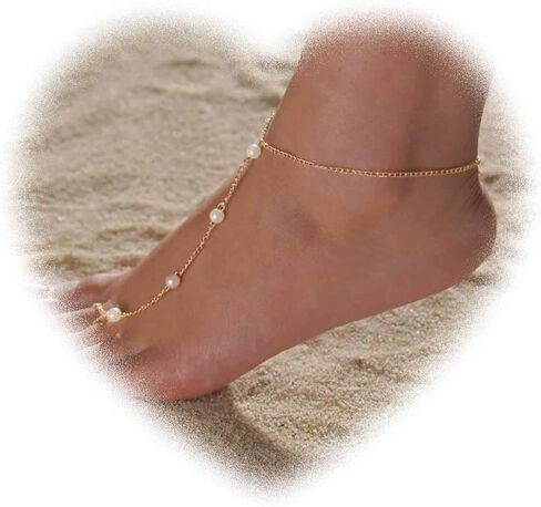 Retro Pearl Ring Foot Chain for Women Barefoot Sandals Ankle Bracelets Ring Foot Chain Summer Beach Foot Ankle Chain Jewelry for Girls Gifts in Kuwait