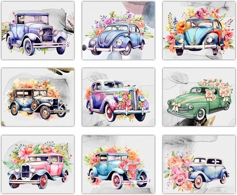 9 قطع من ملصقات السيارات الكلاسيكية العتيقة - مجموعة لوحات فنية جدارية قديمة مطبوعة بألوان مائية زهرية قديمة للأولاد في غرفة المعيشة والمراهقين وغرفة نوم الرجال وكهف المرآب ديكور المنزل والمكتب - صور غير مؤطرة مقاس 8 × 10 in Kuwait