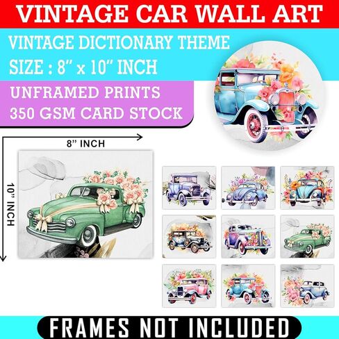 9 قطع من ملصقات السيارات الكلاسيكية العتيقة - مجموعة لوحات فنية جدارية قديمة مطبوعة بألوان مائية زهرية قديمة للأولاد في غرفة المعيشة والمراهقين وغرفة نوم الرجال وكهف المرآب ديكور المنزل والمكتب - صور غير مؤطرة مقاس 8 × 10 in Kuwait