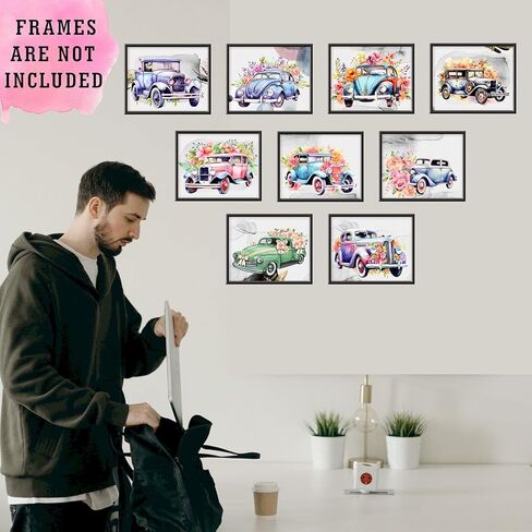 9 قطع من ملصقات السيارات الكلاسيكية العتيقة - مجموعة لوحات فنية جدارية قديمة مطبوعة بألوان مائية زهرية قديمة للأولاد في غرفة المعيشة والمراهقين وغرفة نوم الرجال وكهف المرآب ديكور المنزل والمكتب - صور غير مؤطرة مقاس 8 × 10 in Kuwait