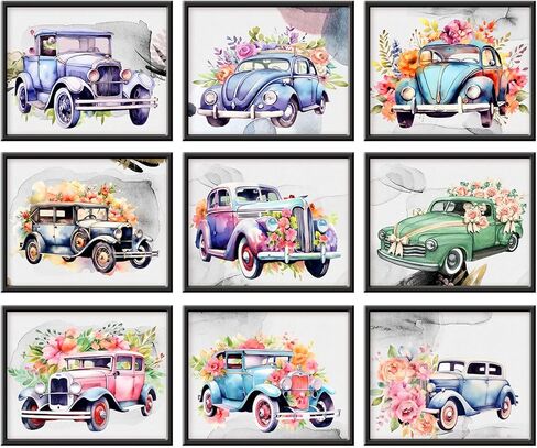 9 قطع من ملصقات السيارات الكلاسيكية العتيقة - مجموعة لوحات فنية جدارية قديمة مطبوعة بألوان مائية زهرية قديمة للأولاد في غرفة المعيشة والمراهقين وغرفة نوم الرجال وكهف المرآب ديكور المنزل والمكتب - صور غير مؤطرة مقاس 8 × 10 in Kuwait