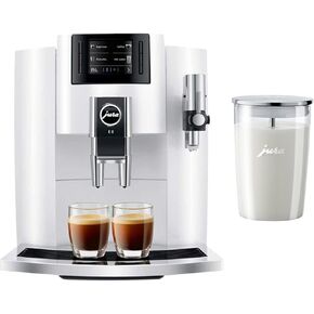 Jura E8 4th Gen Automatic Coffee Machine (Piano Black) Stainless Steel Espresso Machine, Powerful Blending Features Bundle with Glass Milk Container (2 Items)
