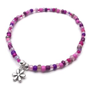 Daisy Flower Charm Anklet - Pink/Purple Glass Seed Bead Mix with Silver Tone Charm - Size M 10 inches