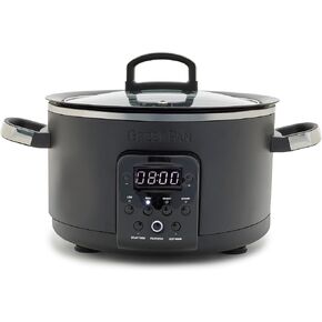 GreenPan 6-in-1 4QT Electric Ceramic Slow Cooker with Glass Lid, Multifunction Presets, Hard Anodized PFAS-Free Removeable Nonstick Crock, Dishwasher Safe, Auto Warm, Delay Timer, Stews, Reheat, Black