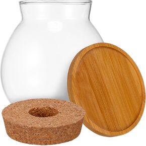POPETPOP Fish Bowl - Round Small Fish Tank with Wood Stopper & Bamboo Mat, 5.11 X 5.50 Inch Glass Betta Fish Tank, Multipurpose Clear Fish Aquarium for Succulent Plants, Hydroponic Air Plant