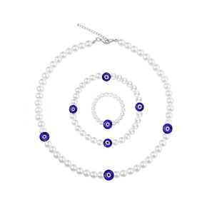 Pearl Evil Eye Choker Necklace Bracelet Ring Set- Simulated Pearl Necklace for Women Bohemian Beads Pearl Choker Adjustable Jewelry Gift for women (Set)