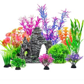 13Pcs Aquarium Plants Cave Rock Decor Set& Fish Tank Artificial PlasticPlants,Fish Tank Accessories Small Large Aquarium Decorations Kit