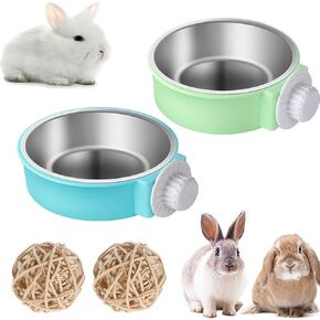 Rabbit Bowls Set, Big Pet Bunny Food Bowls Small Animals Cage Bowl and Stainless Steel Hanging Water Food Feeder Bowls for Big Bunny Food Dish (4 PCS)