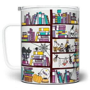 Spooky Halloween Book Library Travel Tumbler Coffee Mug with Lid, Gothic Witchy Bookish Gifts, Librarian Bookshelf Bookworm Bibliophile Cup (18oz)